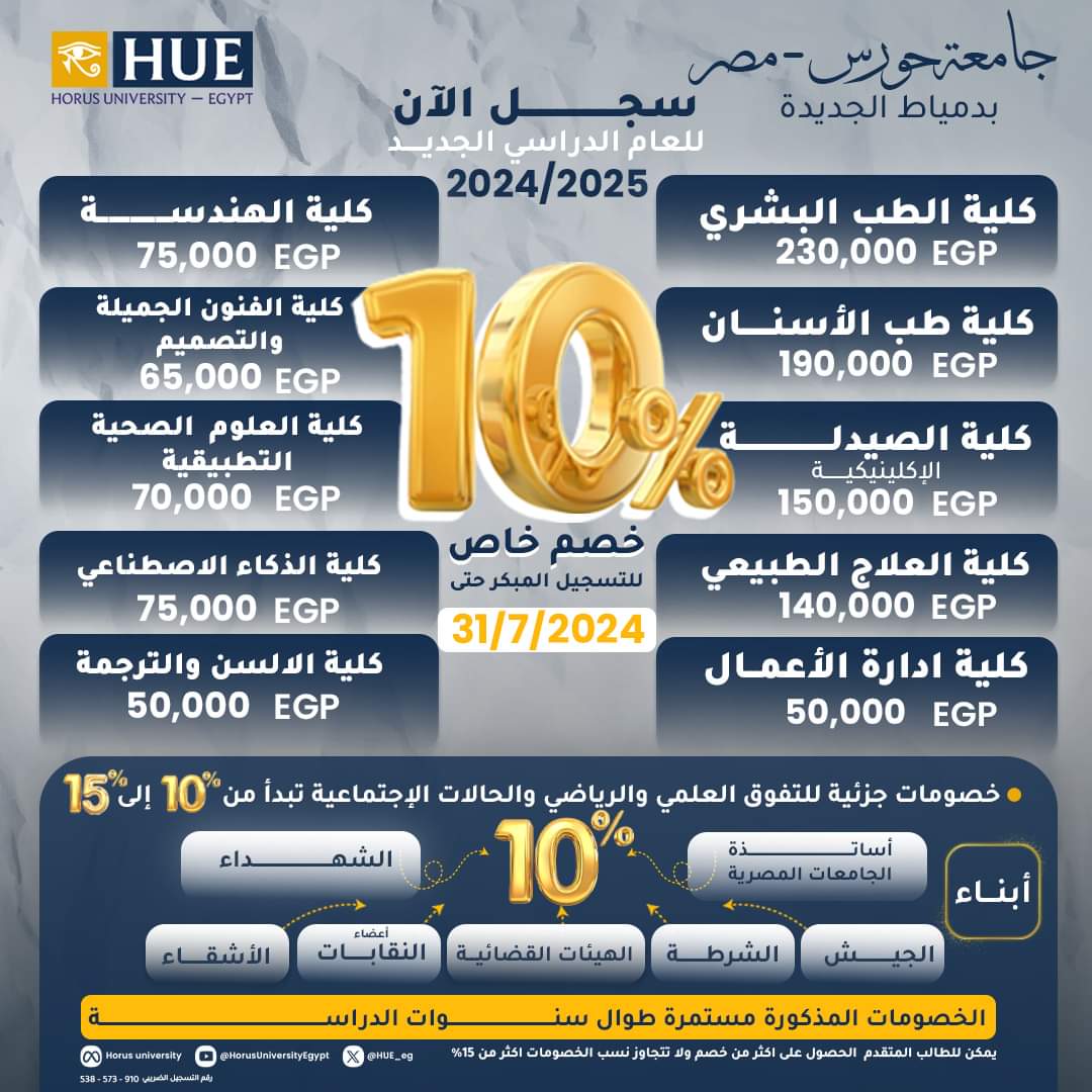 مصروفات وكليات جامعة حورس بدمياط لطلاب الثانوية 2024 1 FB IMG 1721474716993 مصروفات وكليات جامعة حورس بدمياط لطلاب الثانوية 2024 موقع في الجامعة
