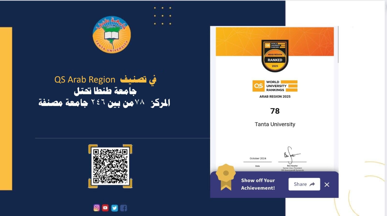 IMG 20241019 WA0047 الغربية في تصنيف QS Arab Region.. جامعة طنطا تحتل المركز ٧٨ من بين ٢٤٦ جامعة مصنفة موقع في الجامعة