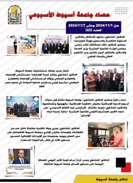 انفوجراف.. جامعة أسيوط تنشر حصاد الأسبوع الأول من نوفمبر 2024 9 حصاد جامعة أسيوط قمة المناخ انفوجراف.. جامعة أسيوط تنشر حصاد الأسبوع الأول من نوفمبر 2024 موقع في الجامعة
