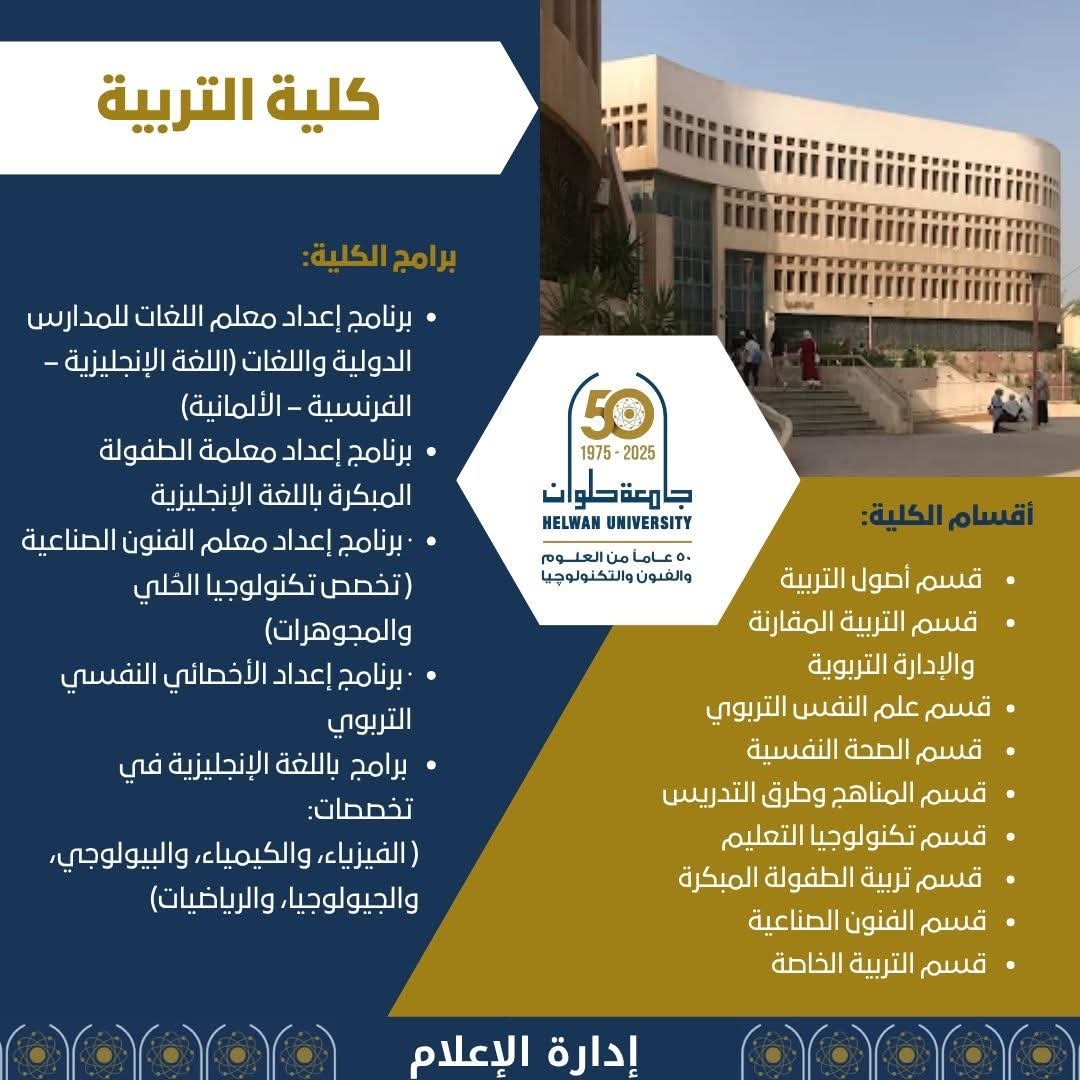 FB IMG 1750761384092 جامعة المنوفية كلية التربية بجامعة حلوان.. صرح تربوي عريق يصنع معلمي المستقبل موقع في الجامعة