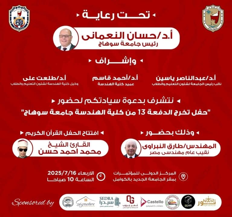 غدا.. جامعة سوهاج تنظم حفل تخرج الدفعة 13 من كلية الهندسة 3 1752568964023 الجديد غدا.. جامعة سوهاج تنظم حفل تخرج الدفعة 13 من كلية الهندسة موقع في الجامعة