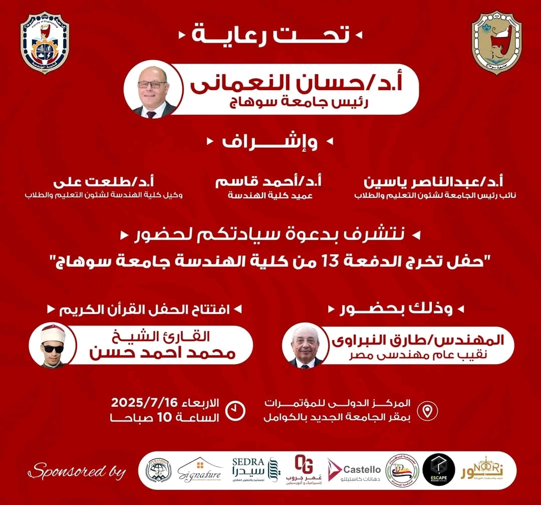 1752568964023 حفل غدا.. جامعة سوهاج تنظم حفل تخرج الدفعة 13 من كلية الهندسة موقع في الجامعة