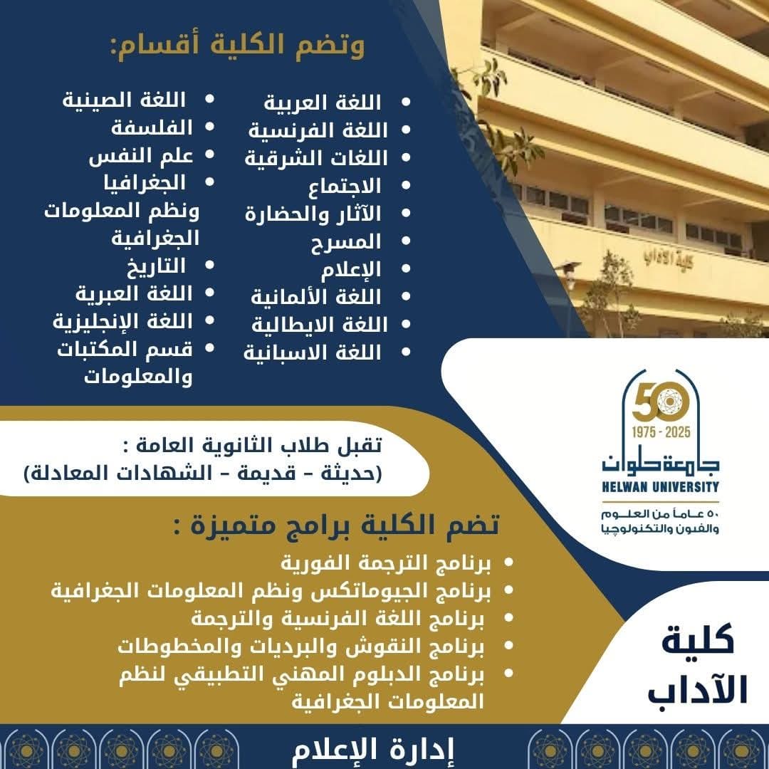 كلية الآداب بجامعة حلوان.. بوابتك للتميز في العلوم الإنسانية والاجتماعية ببرامج حديثة وفرص مهنية واعدة