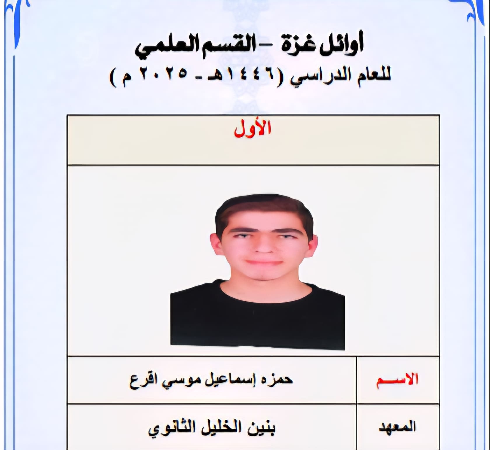 بنسبة 98% .. حمزة إسماعيل يحصل على المركز الأول على الثانوية الأزهرية في فلسطين 1 IMG 20250726 WA0051 1 الثانوية الأزهرية بنسبة 98% .. حمزة إسماعيل يحصل على المركز الأول على الثانوية الأزهرية في فلسطين موقع في الجامعة