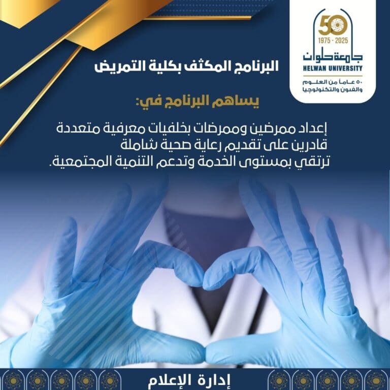 جامعة حلوان تعلن عن فتح باب القبول في البرنامج المكثف بكلية التمريض 4 IMG 20250727 WA0031 المجلس الأعلى للجامعات جامعة حلوان تعلن عن فتح باب القبول في البرنامج المكثف بكلية التمريض موقع في الجامعة