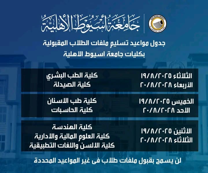إعلان المرحلة الأولى للقبول المبدئي بالكليات الطبية والهندسية بجامعة أسيوط الأهلية 2025 11 1755542881886 جامعة السويس إعلان المرحلة الأولى للقبول المبدئي بالكليات الطبية والهندسية بجامعة أسيوط الأهلية 2025 موقع في الجامعة