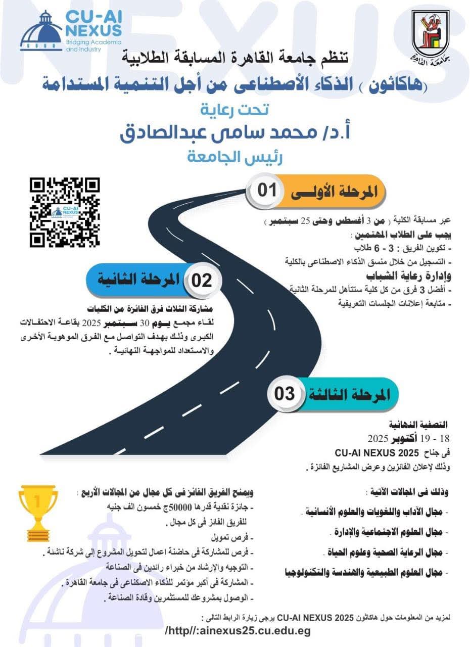 جامعة القاهرة تطلق "هاكاثون الذكاء الاصطناعي" بـ 200 ألف جنيه جوائز لدعم التنمية المستدامة 1 FB IMG 1754207951807 جامعة القاهرة جامعة القاهرة تطلق "هاكاثون الذكاء الاصطناعي" بـ 200 ألف جنيه جوائز لدعم التنمية المستدامة موقع في الجامعة