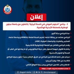 وزارة الصحة تطلق برامج دراسات عليا جديدة في الصحة العامة بخصومات تصل 25% 4 FB IMG 1755792098283 الصحة وزارة الصحة تطلق برامج دراسات عليا جديدة في الصحة العامة بخصومات تصل 25% موقع في الجامعة