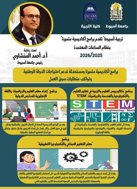 جامعة أسيوط تعلن عن برامج جديدة بنظام الساعات المعتمدة لتأهيل معلمي المستقبل 10 FB IMG 1755861828648 الشهادات جامعة أسيوط تعلن عن برامج جديدة بنظام الساعات المعتمدة لتأهيل معلمي المستقبل موقع في الجامعة