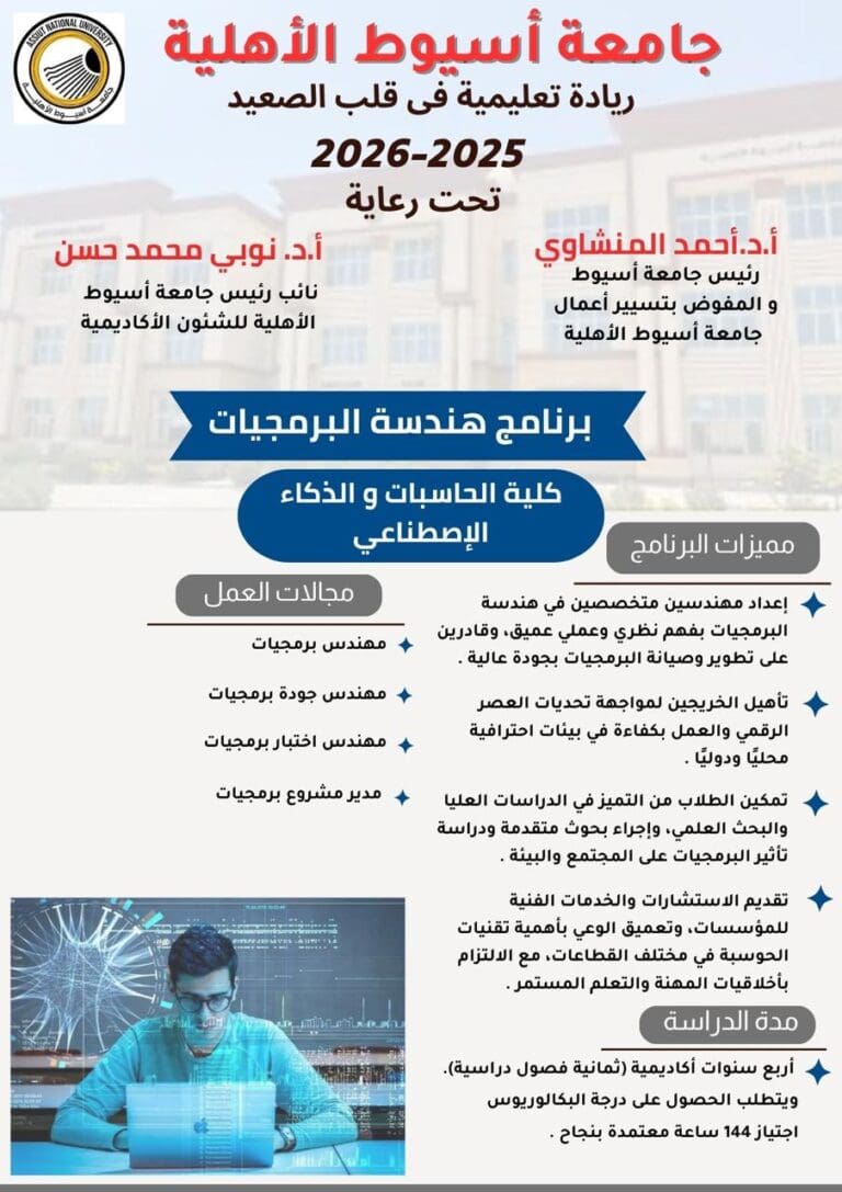 جامعة أسيوط الأهلية تطرح برنامج «هندسة البرمجيات» للعام الجامعي 2025/2026 10 IMG 20250809 WA0015 المشاط جامعة أسيوط الأهلية تطرح برنامج «هندسة البرمجيات» للعام الجامعي 2025/2026 موقع في الجامعة