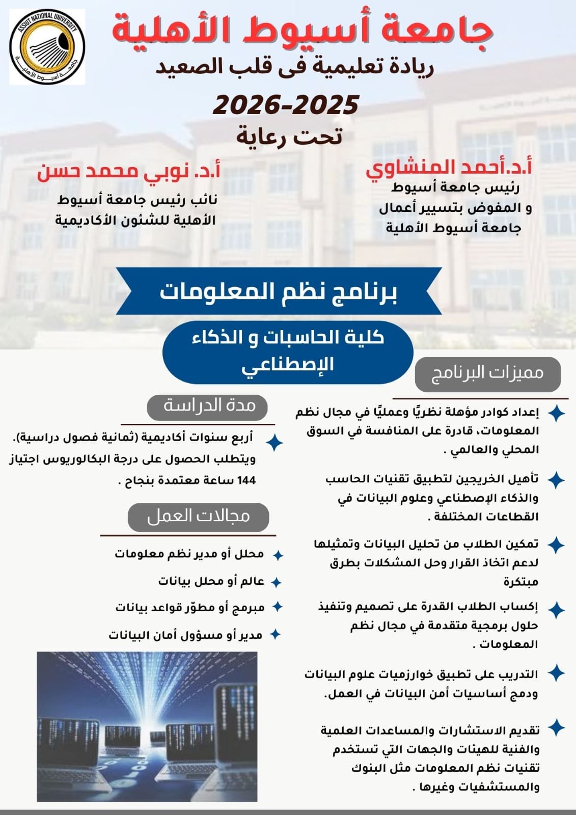 IMG 20250810 WA0007 جامعة أسيوط الأهلية جامعة أسيوط الأهلية تطرح برنامج «نظم المعلومات» للعام الجامعي 2025/2026 موقع في الجامعة