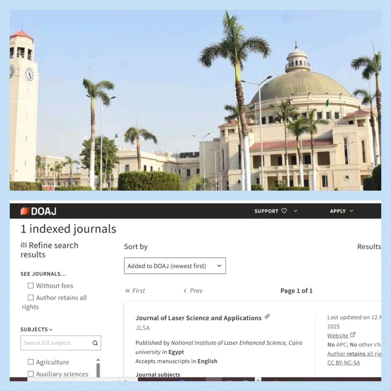 IMG 20250815 WA0057 مجلة إدراج مجلة المعهد القومى لعلوم الليزر داخل قاعدة بيانات الدورية العلمية المفتوحة DOAJ موقع في الجامعة