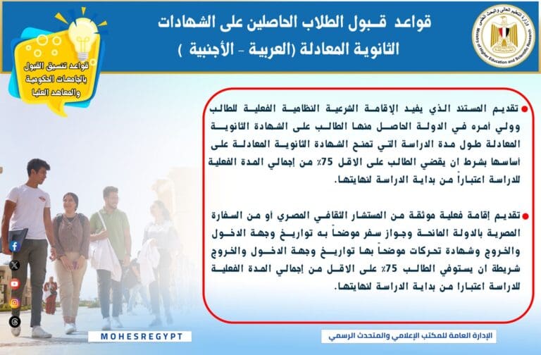 تعرف على قواعد قبول الطلاب الحاصلين على الشهادات الثانوية المعادلة في الجامعات الحكومية 8 IMG 20250822 WA0007 الشهادات تعرف على قواعد قبول الطلاب الحاصلين على الشهادات الثانوية المعادلة في الجامعات الحكومية موقع في الجامعة