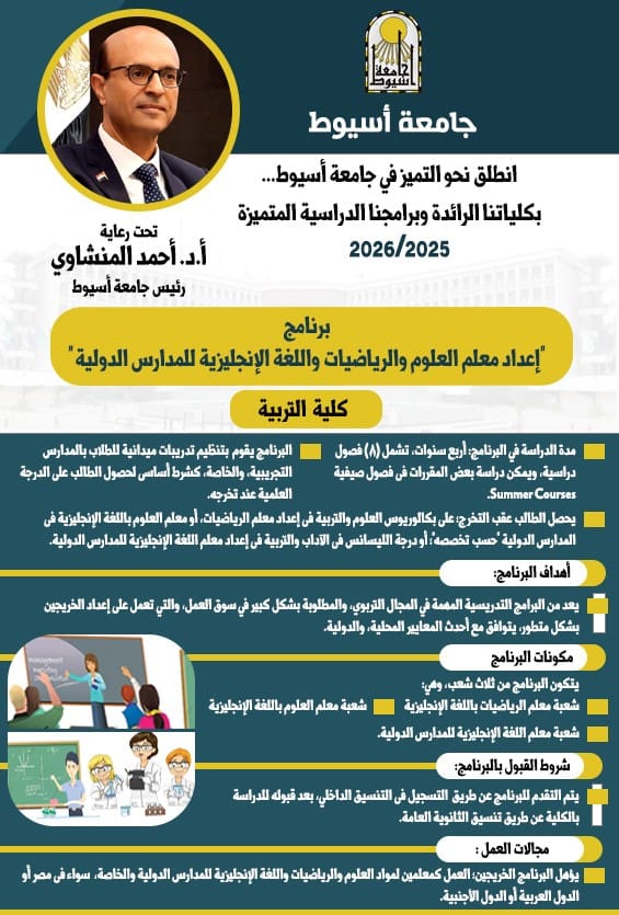 IMG 20250823 WA0019 أمين الأعلى للجامعات تنسيق الجامعات 2025.. تربية جامعة أسيوط تطلق برنامج إعداد معلم للمدارس الدولية موقع في الجامعة