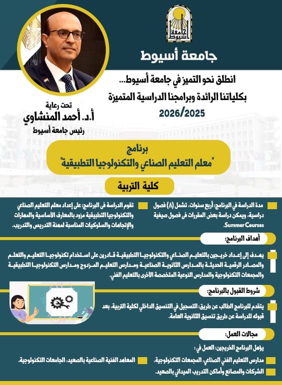 تربية جامعة أسيوط تطلق برنامج متميز لتأهيل معلمي التعليم الصناعي 1 IMG 20250823 WA0020 1 جامعة أسيوط تربية جامعة أسيوط تطلق برنامج متميز لتأهيل معلمي التعليم الصناعي موقع في الجامعة