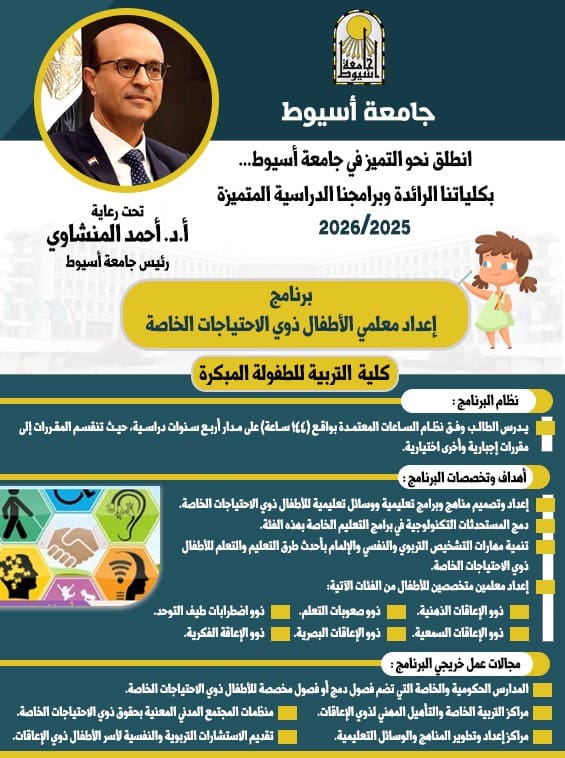 جامعة أسيوط تطلق برنامجًا نوعيًا لإعداد معلمي الأطفال ذوي الاحتياجات الخاصة وتأهيلهم لسوق العمل 1 IMG 20250826 WA0004 جامعة جامعة أسيوط تطلق برنامجًا نوعيًا لإعداد معلمي الأطفال ذوي الاحتياجات الخاصة وتأهيلهم لسوق العمل موقع في الجامعة