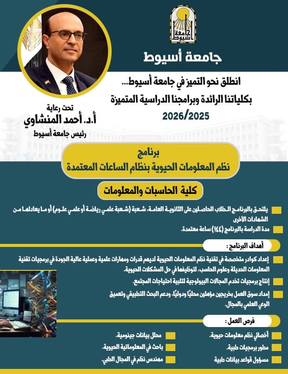 IMG 20250908 WA0007 جامعة حلوان الأهلية تنسيق الجامعات 2025.. جامعة أسيوط تطرح برنامج "نظم المعلومات الحيوية" بكلية الحاسبات والمعلومات موقع في الجامعة