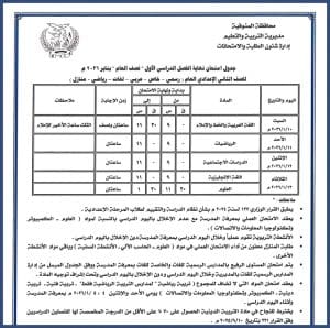 المنوفية تعلن جداول امتحانات المرحلة الإعدادية للفصل الأول دور يناير 2026 3 1766502418952 المنوفية المنوفية تعلن جداول امتحانات المرحلة الإعدادية للفصل الأول دور يناير 2026 موقع في الجامعة