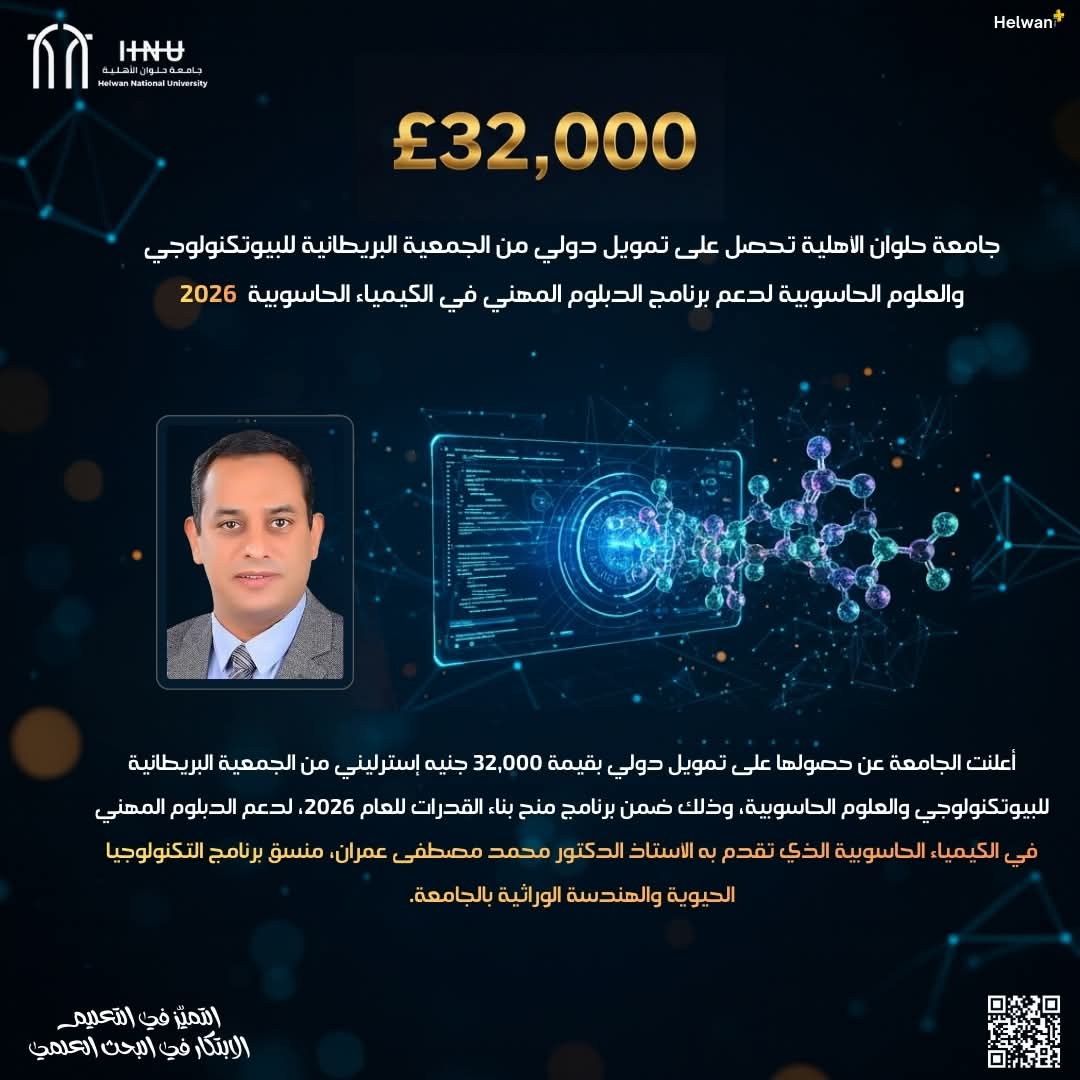 FB IMG 1765555665777 جامعة حلوان الأهلية تعلن المصروفات الدراسية تمويل بريطاني بقيمة 32 ألف جنيه إسترليني لدبلوم الكيمياء الحاسوبية بجامعة حلوان الأهلية 2026 موقع في الجامعة