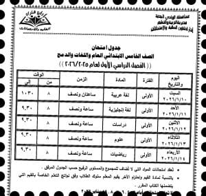 جدول امتحانات صفوف النقل الابتدائي "عام ولغات ودمج" للفصل الدراسي الأول بالوادي الجديد 2026 4 FB IMG 1766349599167 جدول جدول امتحانات صفوف النقل الابتدائي "عام ولغات ودمج" للفصل الدراسي الأول بالوادي الجديد 2026 موقع في الجامعة