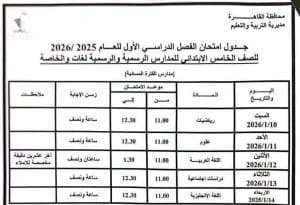 جداول امتحانات نصف العام 2026 للمرحلة الابتدائية في جميع المحافظات 15 984 امتحانات نصف العام جداول امتحانات نصف العام 2026 للمرحلة الابتدائية في جميع المحافظات موقع في الجامعة