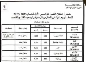 جداول امتحانات نصف العام 2026 للمرحلة الابتدائية في جميع المحافظات 18 990 امتحانات نصف العام جداول امتحانات نصف العام 2026 للمرحلة الابتدائية في جميع المحافظات موقع في الجامعة