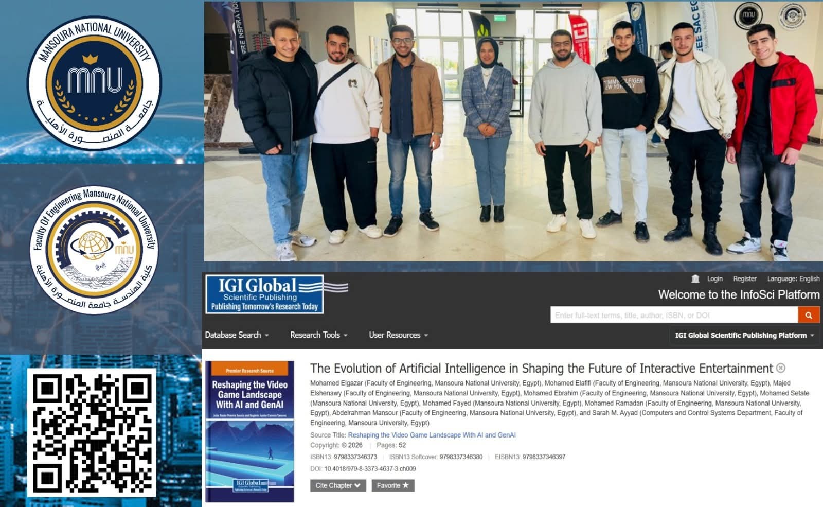 FB IMG 1767381309539 هندسة طلاب هندسة الذكاء الاصطناعي بجامعة المنصورة الأهلية ينشرون فصلًا دوليًا حول مستقبل الألعاب بالذكاء موقع في الجامعة