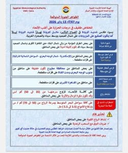 درجات الحرارة اليوم الثلاثاء 13 يناير في محافظات الجمهورية 2 حالة الطقس اليوم الثلاثاء 13 يناير