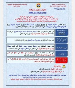 شديد البرودة صباحًا.. الأرصاد تكشف طقس الإثنين 12 يناير 2026 3 IMG 20260111 WA0238 طقس شديد البرودة صباحًا.. الأرصاد تكشف طقس الإثنين 12 يناير 2026 موقع في الجامعة