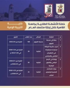 جداول الأنشطة الطلابية بكليات جامعة القاهرة خلال إجازة منتصف العام الدراسي.. تفاصيل 2 جداول الأنشطة الطلابية بكليات جامعة القاهرة