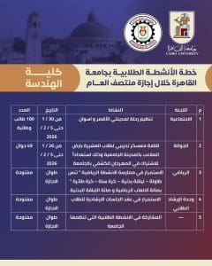 IMG 20260123 WA0014 الأنشطة الطلابية بكليات جامعة القاهرة جداول الأنشطة الطلابية بكليات جامعة القاهرة خلال إجازة منتصف العام الدراسي.. تفاصيل موقع في الجامعة