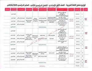 توزيع منهج اللغة العربية للترم الثاني أولى إعدادي 2026