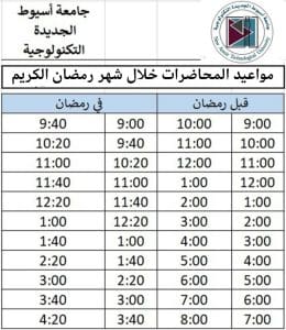 مواعيد المحاضرات خلال شهر رمضان بجامعة أسيوط الجديدة التكنولوجية| اعرف الجدول الكامل 2 مواعيد المحاضرات خلال شهر رمضان بجامعة أسيوط الجديدة التكنولوجية