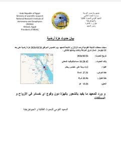 البحوث الفلكية: هزة أرضية علي بعد 32 كيلو متر من مدينة الغردقة بقوة 4.2 2 هزة أرضية على بعد 31 كم من مدينة الغردقة بقوة 4.2 درجة
