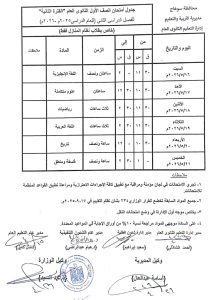 جداول امتحانات الصفين الأول والثاني الثانوي للفصل الدراسي الثاني 2025/2026 بسوهاج 2 جداول امتحانات الصفين الأول والثاني الثانوي للفصل الدراسي الثاني 2025/2026