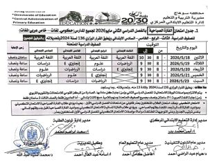 سوهاج تعلن جداول امتحانات الابتدائي للصفوف من الثالث حتى السادس للفصل الدراسي الثاني 2026 4 1777407783080 جداول امتحانات الابتدائي للصفوف من الثالث حتى السادس سوهاج تعلن جداول امتحانات الابتدائي للصفوف من الثالث حتى السادس للفصل الدراسي الثاني 2026 موقع في الجامعة