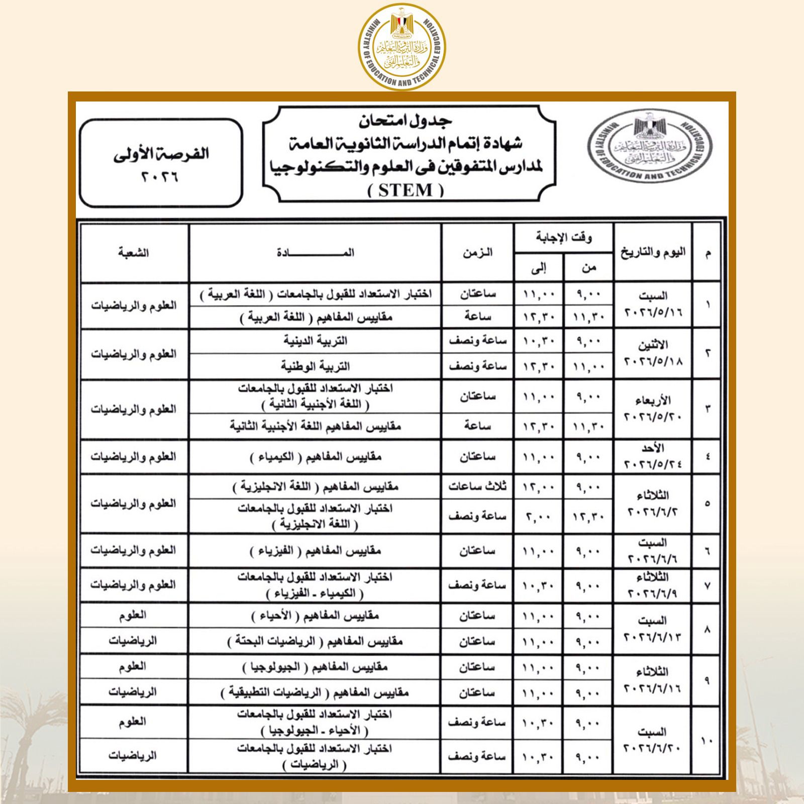 IMG 20260414 WA0138 الثانوية بعد اعتمادها رسميا.. ننشر جداول امتحانات الثانوية العامة 2026 موقع في الجامعة