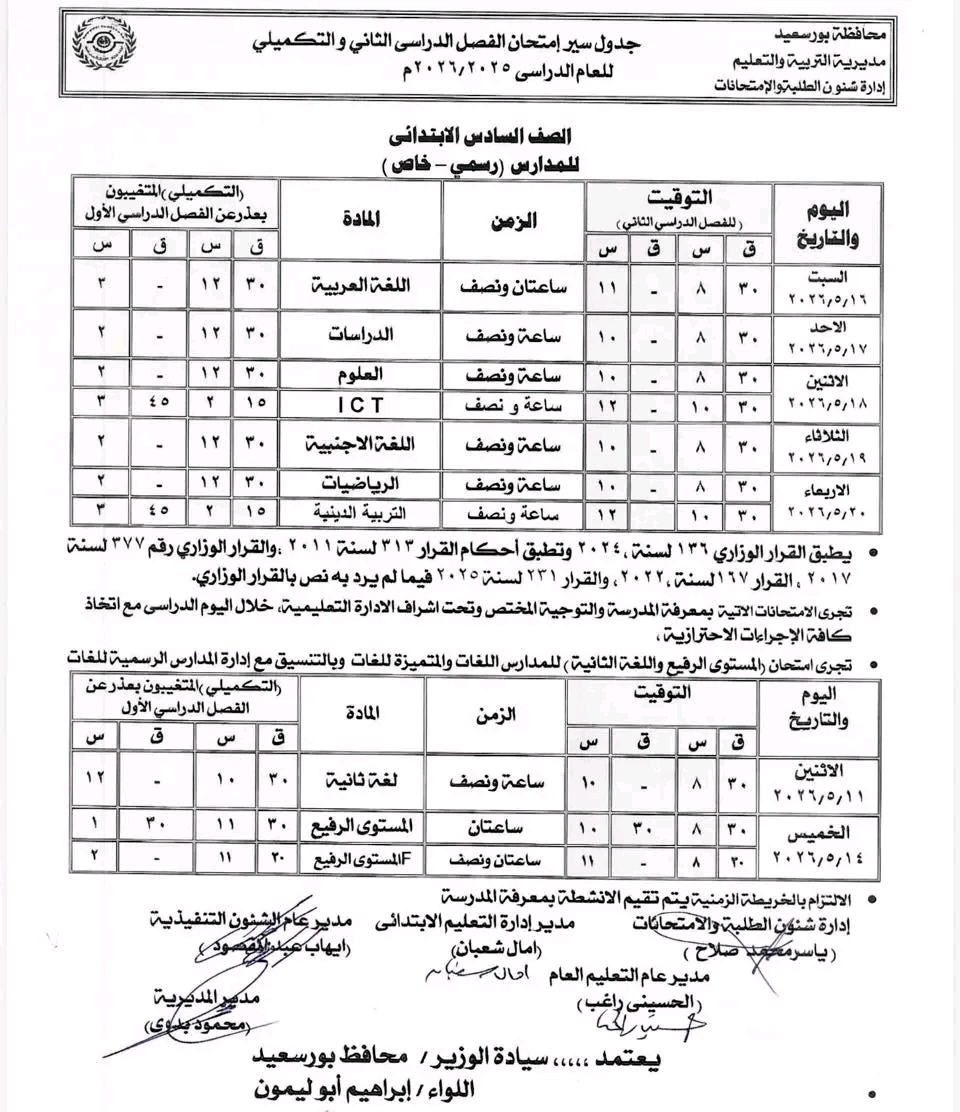 1777737199366 جداول رسميًا.. بورسعيد تعتمد جداول امتحانات الترم الثاني لجميع المراحل موقع في الجامعة