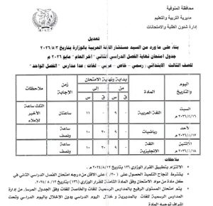 1778425761702 تعليم المنوفية تعلن تعديل زمن امتحان اللغة العربية تعليم المنوفية تعلن تعديل زمن امتحان اللغة العربية لطلاب الصف الثالث الابتدائي بجدول نهاية العام 2026 موقع في الجامعة
