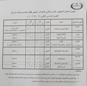FB IMG 1777988996124 جداول امتحانات الترم الثاني 2026 ببني سويف رسميًا.. إعلان جداول امتحانات الترم الثاني 2026 ببني سويف لصفوف النقل والشهادة الإعدادي موقع في الجامعة