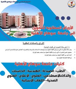 فتح باب التحويلات بجامعة سوهاج الأهلية 2026.. تيسيرات جديدة للطلاب وتقليل أعباء الاغتراب 2 فتح باب التحويلات بجامعة سوهاج الأهلية 2026.. تيسيرات جديدة للطلاب وتقليل أعباء الاغتراب