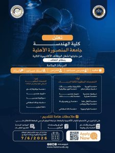 جامعة المنصورة الأهلية تعلن عن وظائف شاغرة لأعضاء هيئة التدريس والهيئة المعاونة بكلية الهندسة.. تفاصيل 2 جامعة المنصورة الأهلية تعلن عن وظائف شاغرة لأعضاء هيئة التدريس