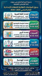 FB IMG 1780422292282 بني سويف تعلن تفاصيل وأماكن المراجعات النهائية بني سويف تعلن تفاصيل وأماكن المراجعات النهائية للشهادة الإعدادية استعدادًا لامتحانات 2026 موقع في الجامعة