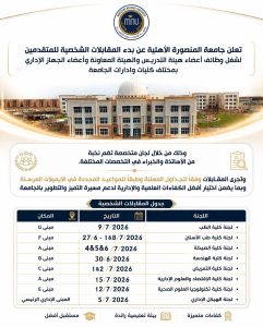 جامعة المنصورة الأهلية تبدأ المقابلات الشخصية للمتقدمين لوظائف 