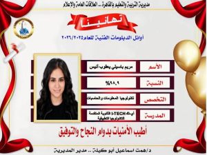 مدير تعليم القاهرة تهنئ أوائل الدبلومات الفنية: تفوقكم ثمرة الاجتهاد ودليل على نجاح تطوير التعليم الفني 2 مدير تعليم القاهرة تهنئ أوائل الدبلومات الفنية