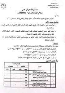 1786553615078 محافظ المنيا يخفض الحد الأدنى للقبول بالثانوي العام محافظ المنيا يخفض الحد الأدنى للقبول بالثانوي العام إلى 221 درجة للعام الدراسي 2026/2027 موقع في الجامعة