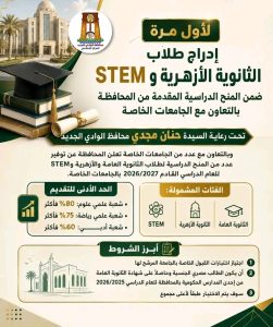 الوادي الجديد تعلن فتح باب التقديم للمنح الدراسية بالجامعات الخاصة لعام 2026/2027.. ولأول مرة إدراج طلاب الثانوية الأزهرية وSTEM 3 التقديم للمنح الدراسية بالجامعات الخاصة لعام 2026/2027