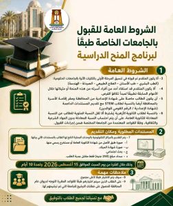 الوادي الجديد تعلن فتح باب التقديم للمنح الدراسية بالجامعات الخاصة لعام 2026/2027.. ولأول مرة إدراج طلاب الثانوية الأزهرية وSTEM 4 التقديم للمنح الدراسية بالجامعات الخاصة لعام 2026/2027