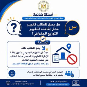 قبل تسجيل الرغبات.. التعليم العالي توضح قواعد التوزيع الجغرافي في تنسيق الجامعات 2026