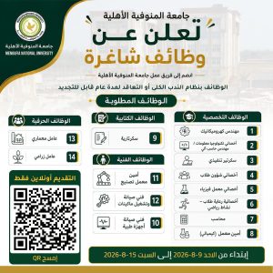 جامعة المنوفية الأهلية تعلن عن وظائف شاغرة في عدة تخصصات